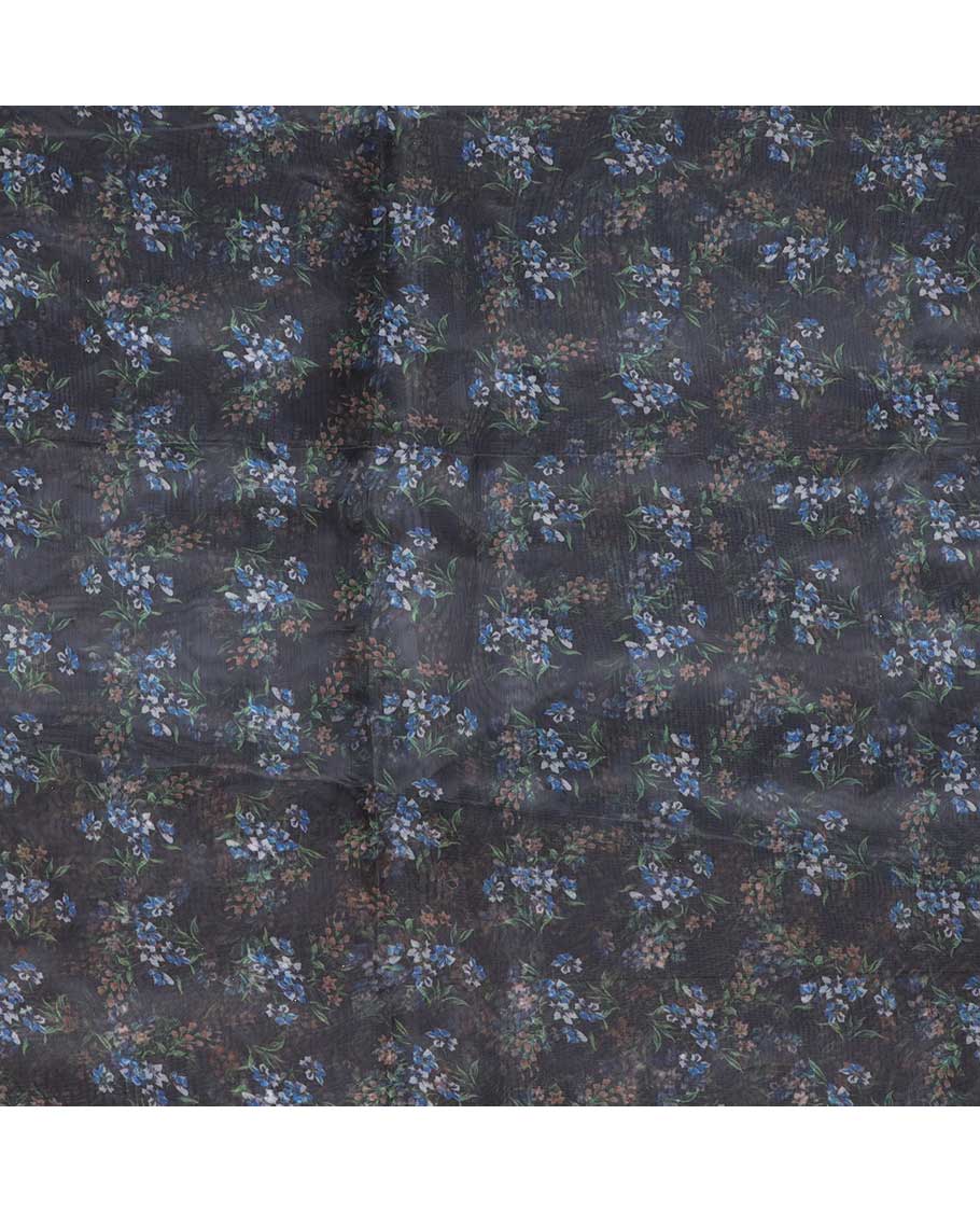 Blue digital printed  organza multi-use material features multi-colour floral motifs 