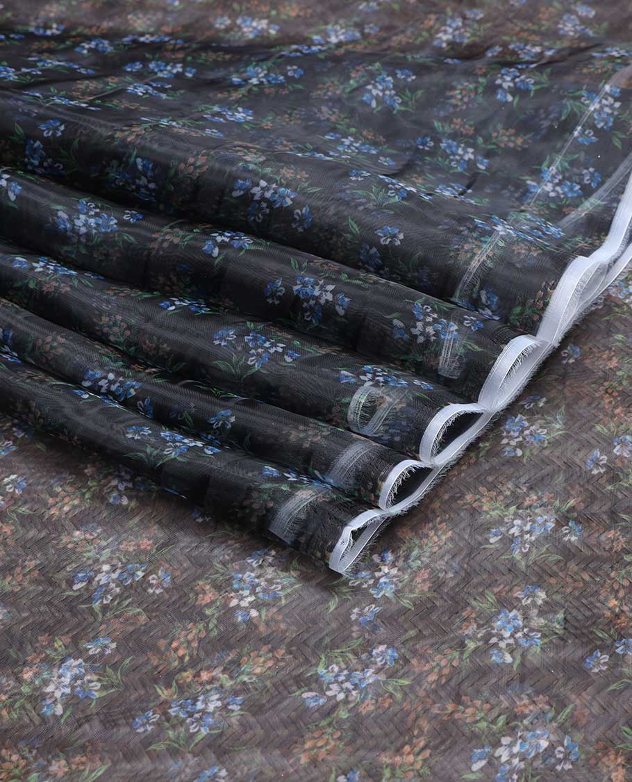 Blue digital printed  organza multi-use material features multi-colour floral motifs 