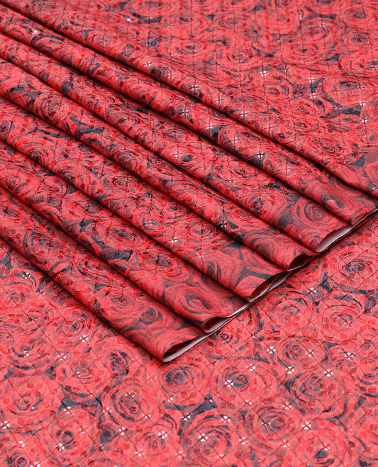 Red rose-design printed with sequin work cotton embroidery multi-use material