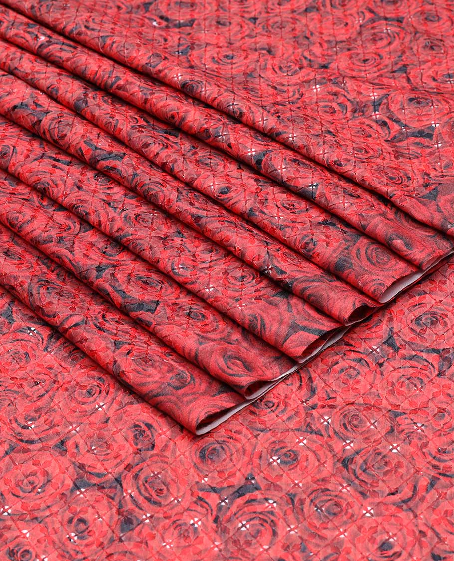 Red rose-design printed with sequin work cotton embroidery multi-use material