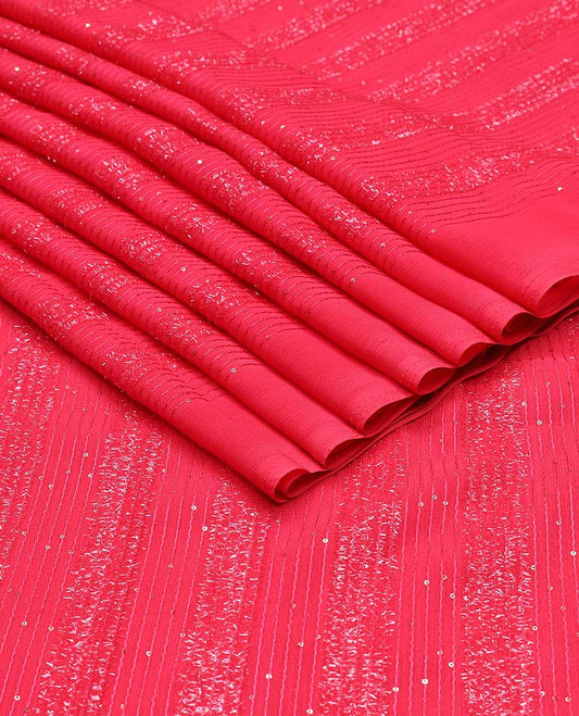 Pink embroidered & sequin stripe design georgette multi-use material