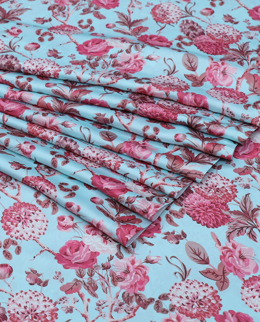 Baby blue digital printed satin multi-use material features floral motifs