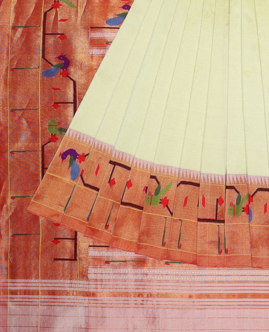Pale yellow paithani silksaree,contrast muniya border of peacock & parrots & intricate pallu features parrots & peacocks