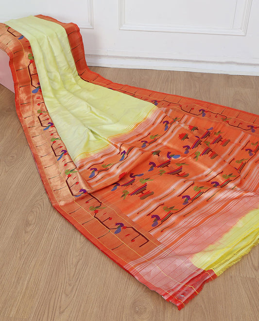 Pale yellow paithani silksaree,contrast muniya border of peacock & parrots & intricate pallu features parrots & peacocks