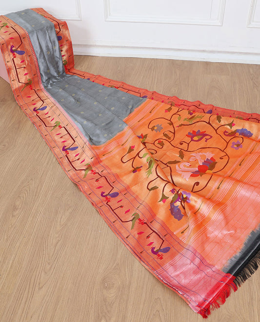 Grey paithani silksaree with buttas, contrast muniya border & pallu features floral vine, swans, peacock & parrots 