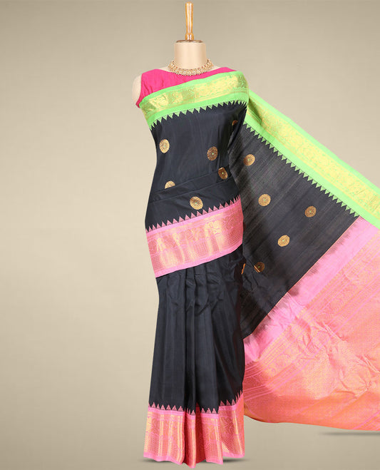 Black gadwal silk saree with round zari buttas, contrast ganga jamuna vidarbha zari border & intricately designed pallu 