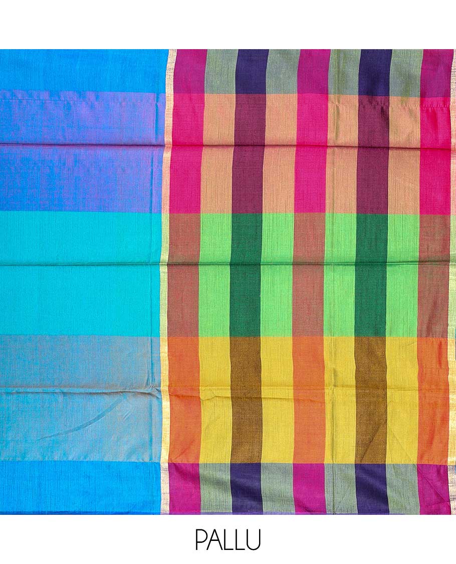 Borderless kaleidoscopic-coloured checked design semi banaras linen saree 
