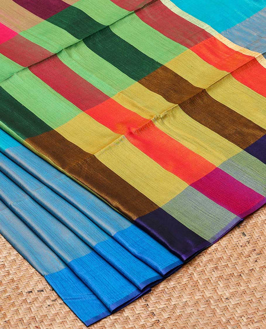 Borderless kaleidoscopic-coloured checked design semi banaras linen saree 