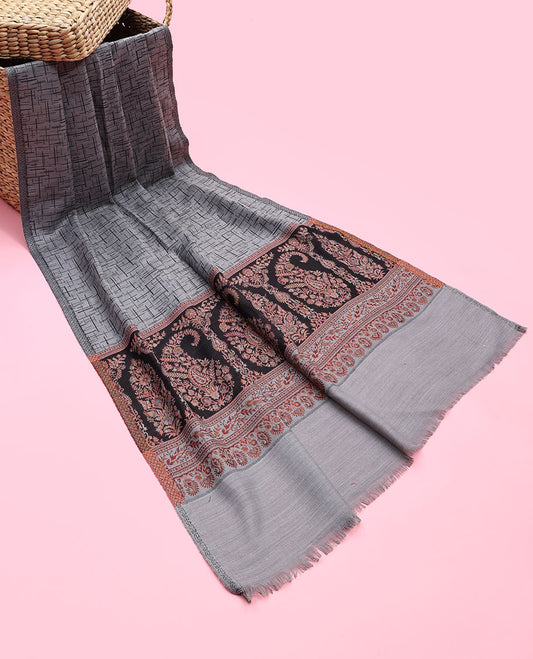 Ash grey pashmina dupatta features geometric patterns & intricate paisley designs