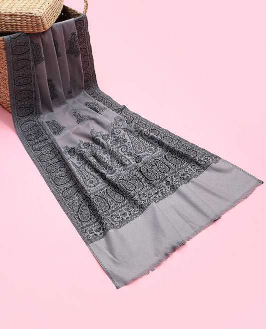 Cement grey pashmina dupatta features intricate paisley deisgns 