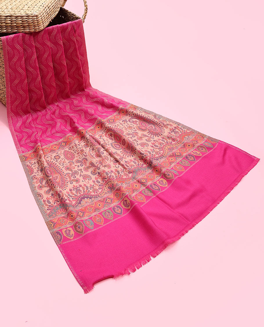 Bright pink pashmina dupatta with chevron & intricate designs 