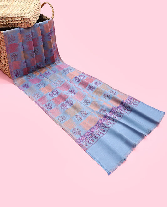Light blue pashmina dupatta features multi-color motifs & intricate designs  