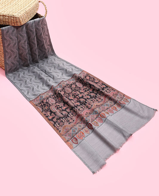 Cement grey pashmina dupatta features chevron & intricate designs  
