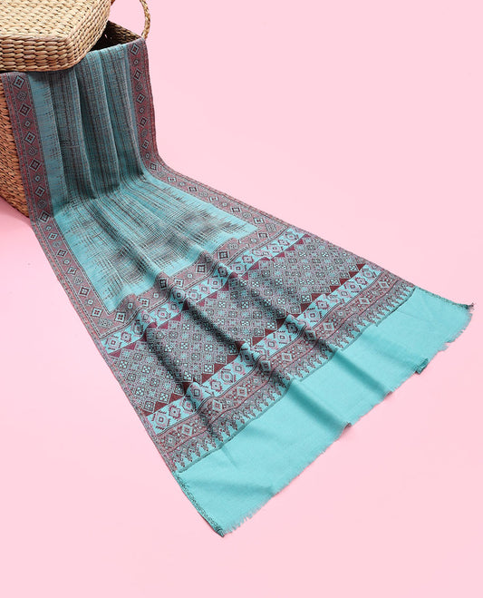 Powder blue pashmina dupatta features intricate designs