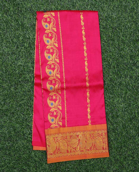 Pink navarathna pavadai with zari paisley designs, contrast border & blouse of intricate zari designs