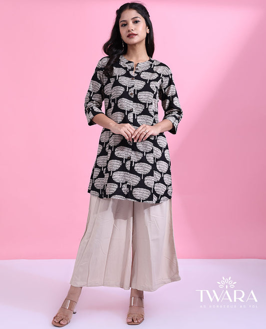 Twara black unique motifs printed 3/4th sleeve & chinese collar button-style short top 