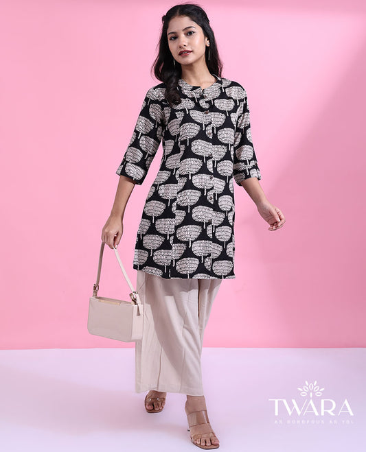 Twara black unique motifs printed 3/4th sleeve & chinese collar button-style short top 
