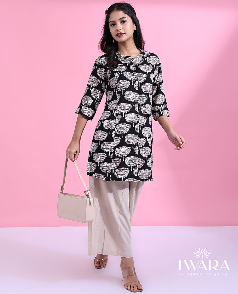 Twara black unique motifs printed 3/4th sleeve & chinese collar button-style short top 