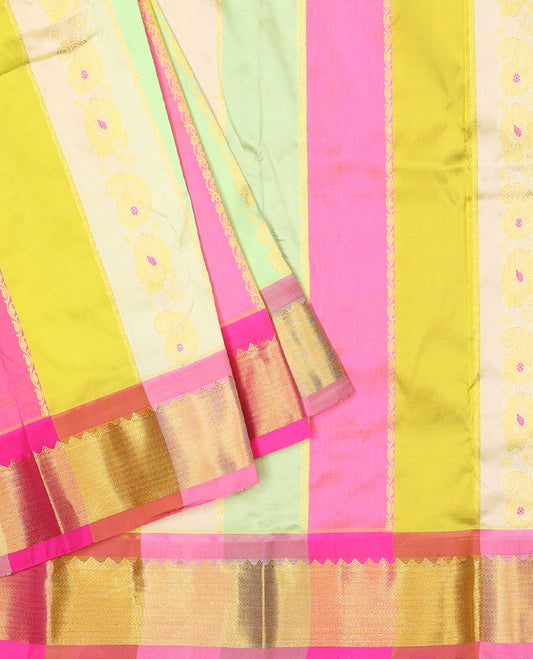 Multi-colour zari design navarathna pavadai, contrast zari border & blouse of traditional deisgns 