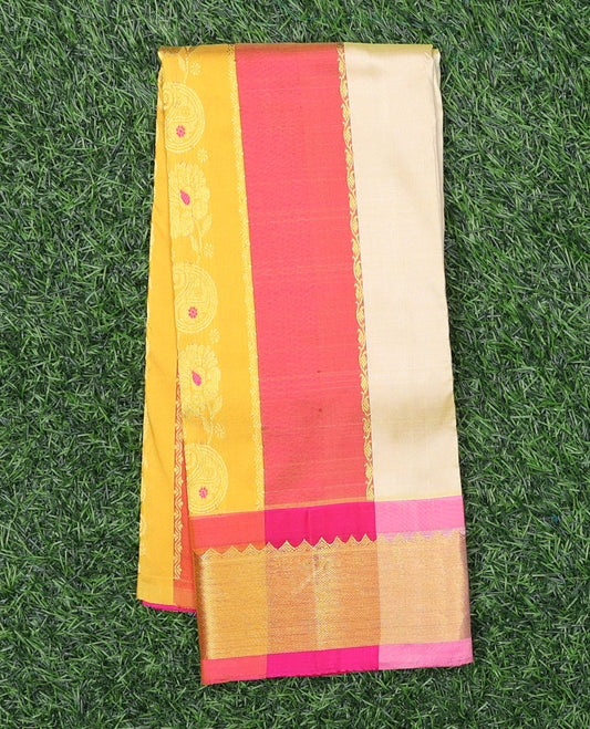 Multi-color striped navarathna pavadai with zari designs, zari border & contrast blouse of traditional designs 