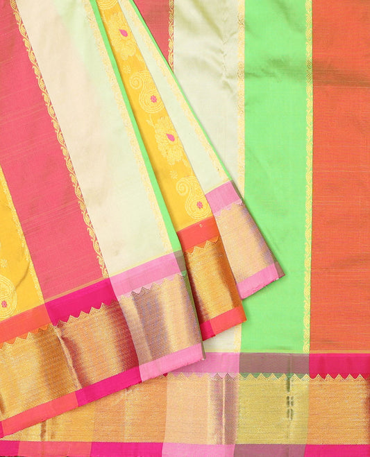 Multi-color striped navarathna pavadai with zari designs, zari border & contrast blouse of traditional designs 