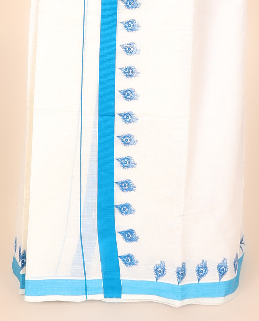 Cream printed kerala mundu set features peacock feathers & contrast blue border