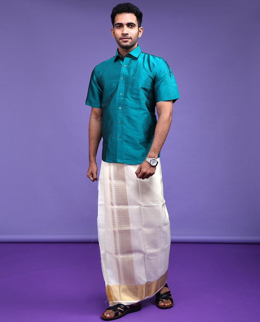 Peacock green plain design half-sleeve pure-silk shirt