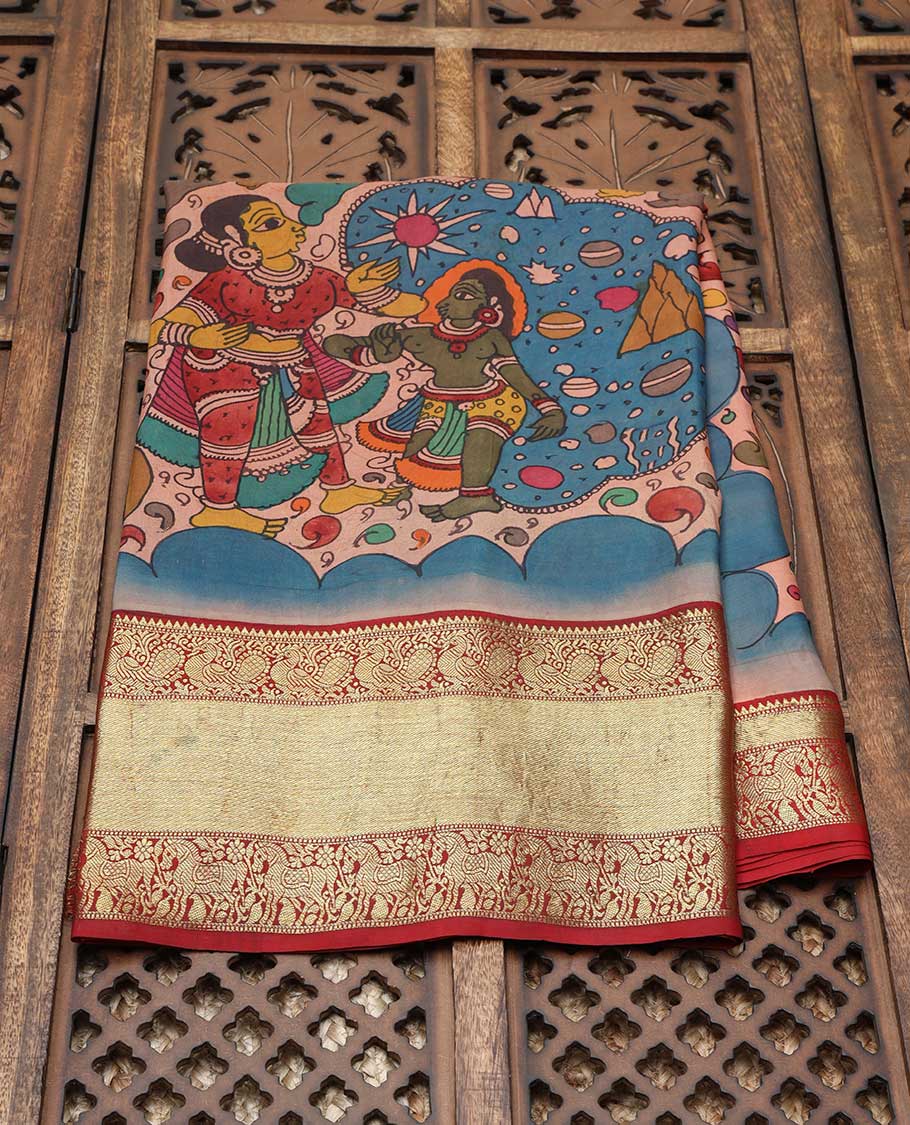 Pink handpainted pen kalamkari silksaree with multi-color figurines, contrast kanchi border & pallu of intricate jaal
