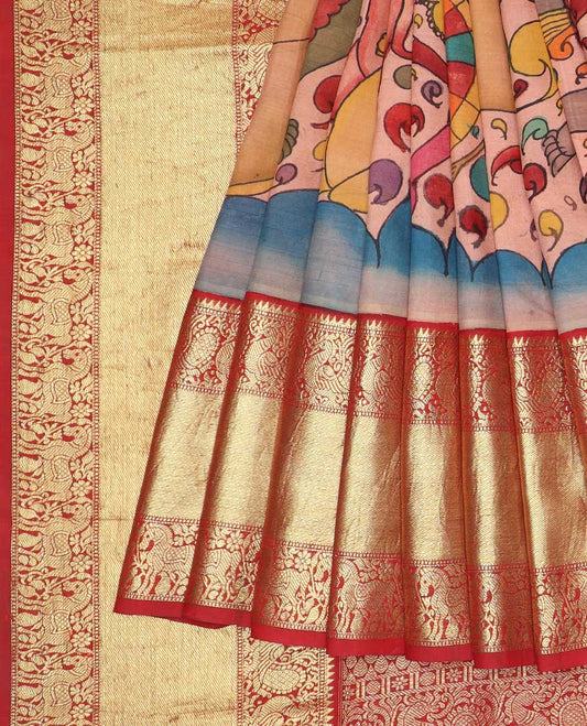 Pink handpainted pen kalamkari silksaree with multi-color figurines, contrast kanchi border & pallu of intricate jaal