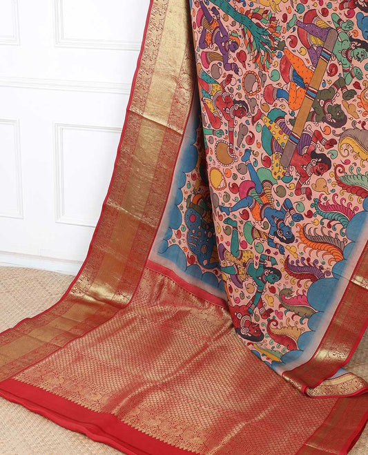 Pink handpainted pen kalamkari silksaree with multi-color figurines, contrast kanchi border & pallu of intricate jaal