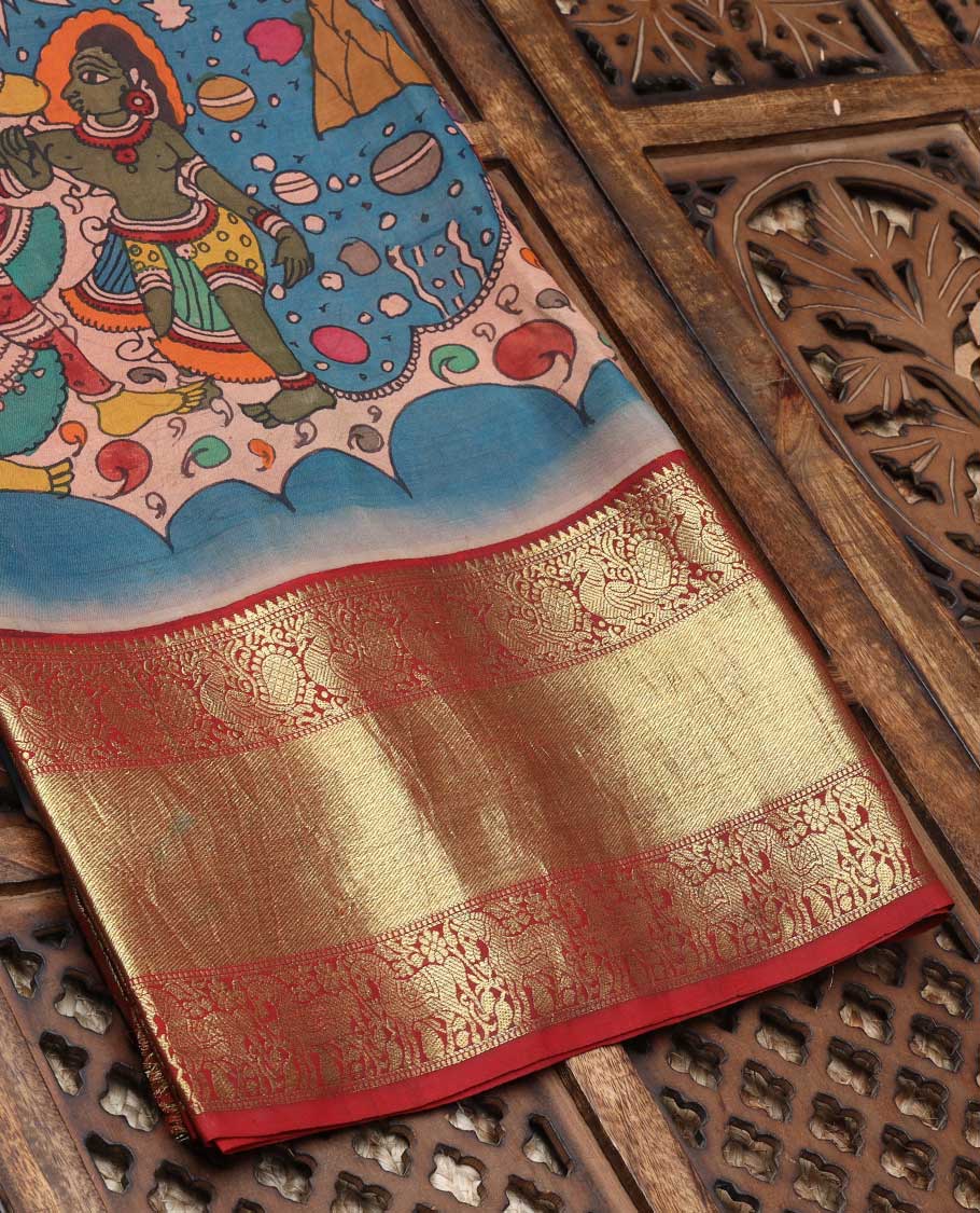 Pink handpainted pen kalamkari silksaree with multi-color figurines, contrast kanchi border & pallu of intricate jaal