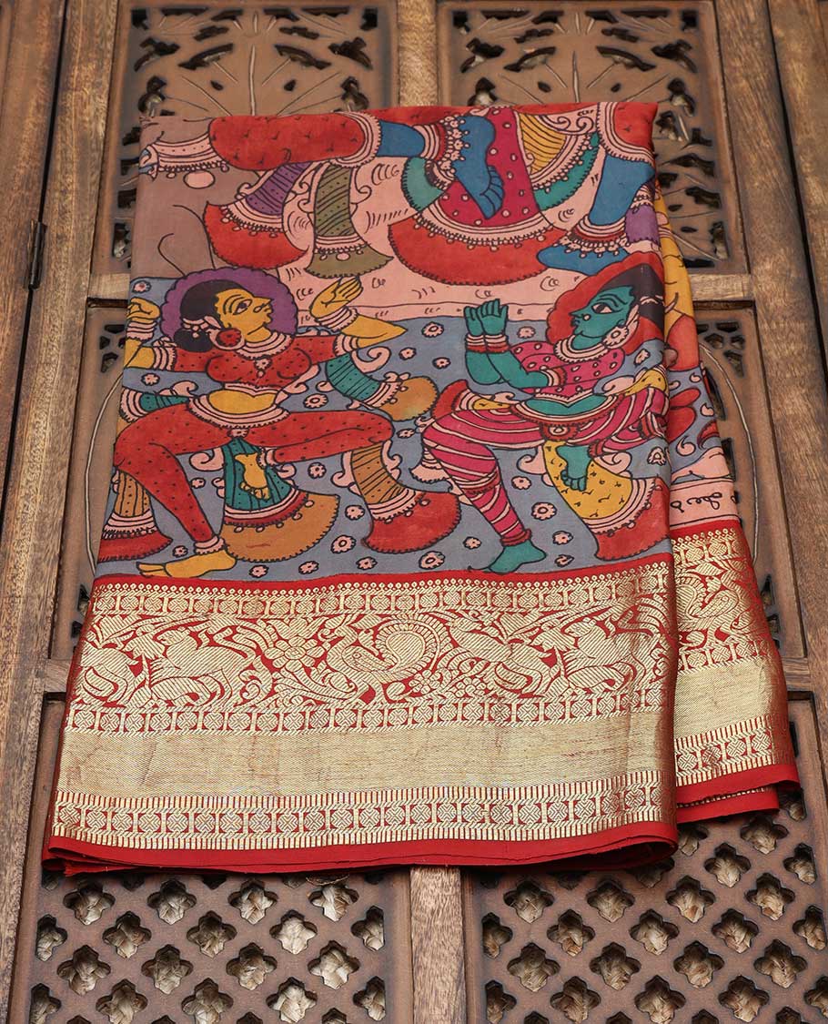 Multi-color handpainted pen kalamkari silksaree with human & animal figurines, contrast intricate pallu & kanchi border