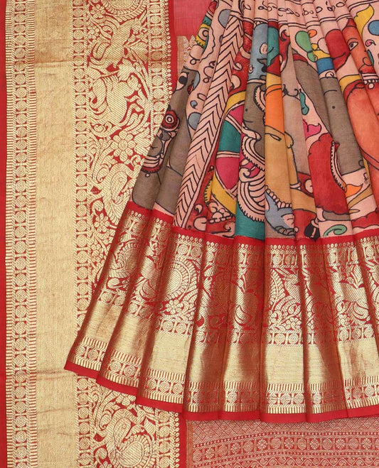 Multi-color handpainted pen kalamkari silksaree with human & animal figurines, contrast intricate pallu & kanchi border