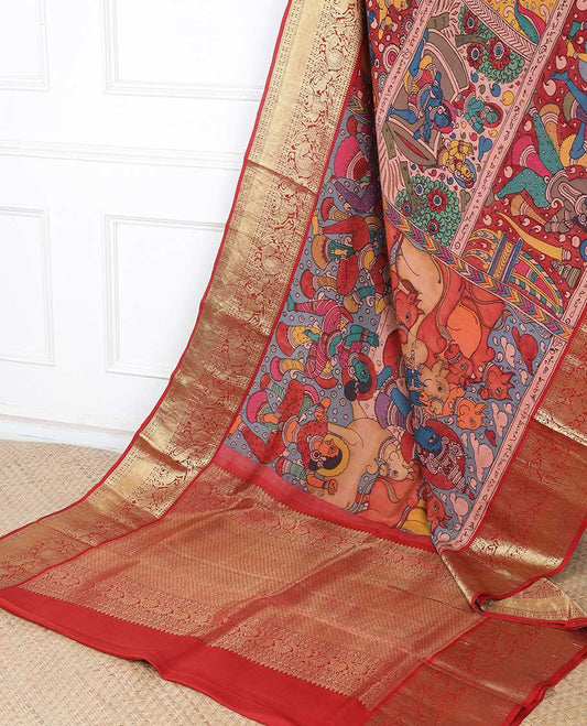 Multi-color handpainted pen kalamkari silksaree with human & animal figurines, contrast intricate pallu & kanchi border