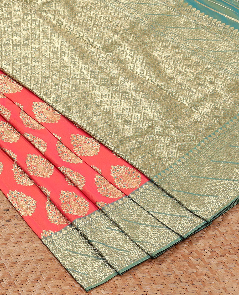 Pink Semi banaras paithani saree with meena buttas, contrast border & pallu of intricate jaal designs