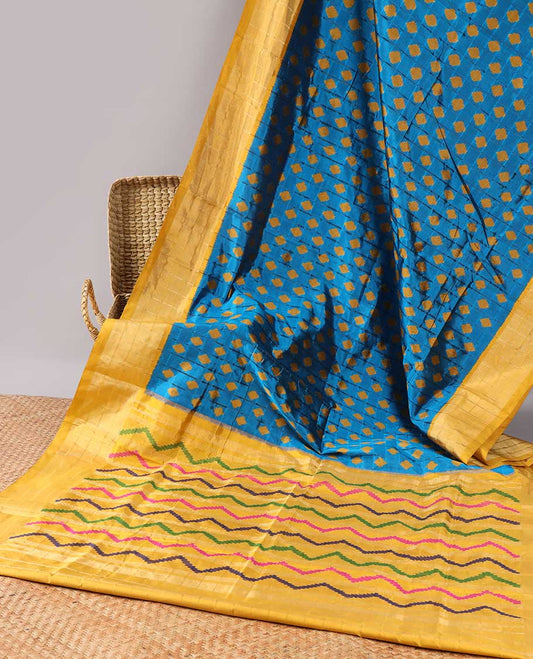Blue unique butta enclosed checked ikkat silksaree