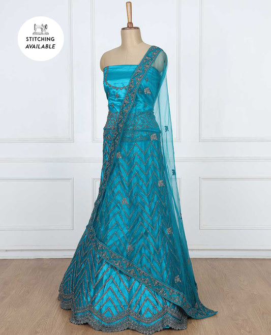 Blue lehenga set, intricate chevron design embroidered scallop border skirt, embroidery top & net patch border dupatta