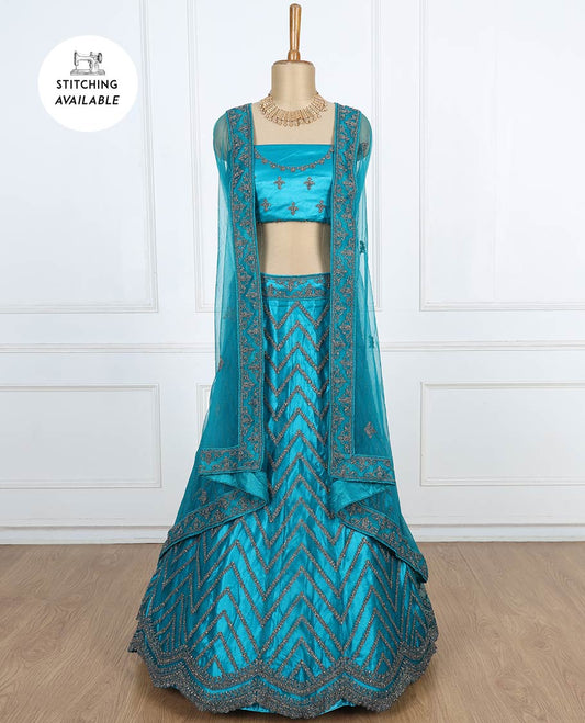 Blue lehenga set, intricate chevron design embroidered scallop border skirt, embroidery top & net patch border dupatta