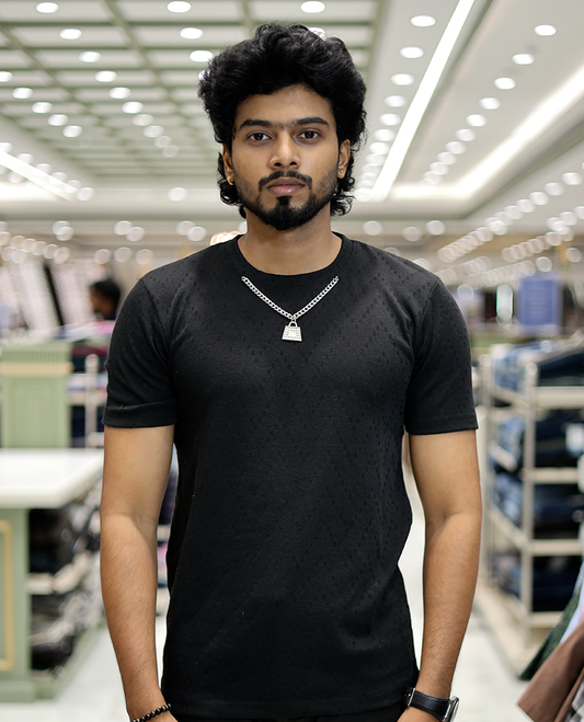 Black Chevron Cotton-Blended T-Shirt