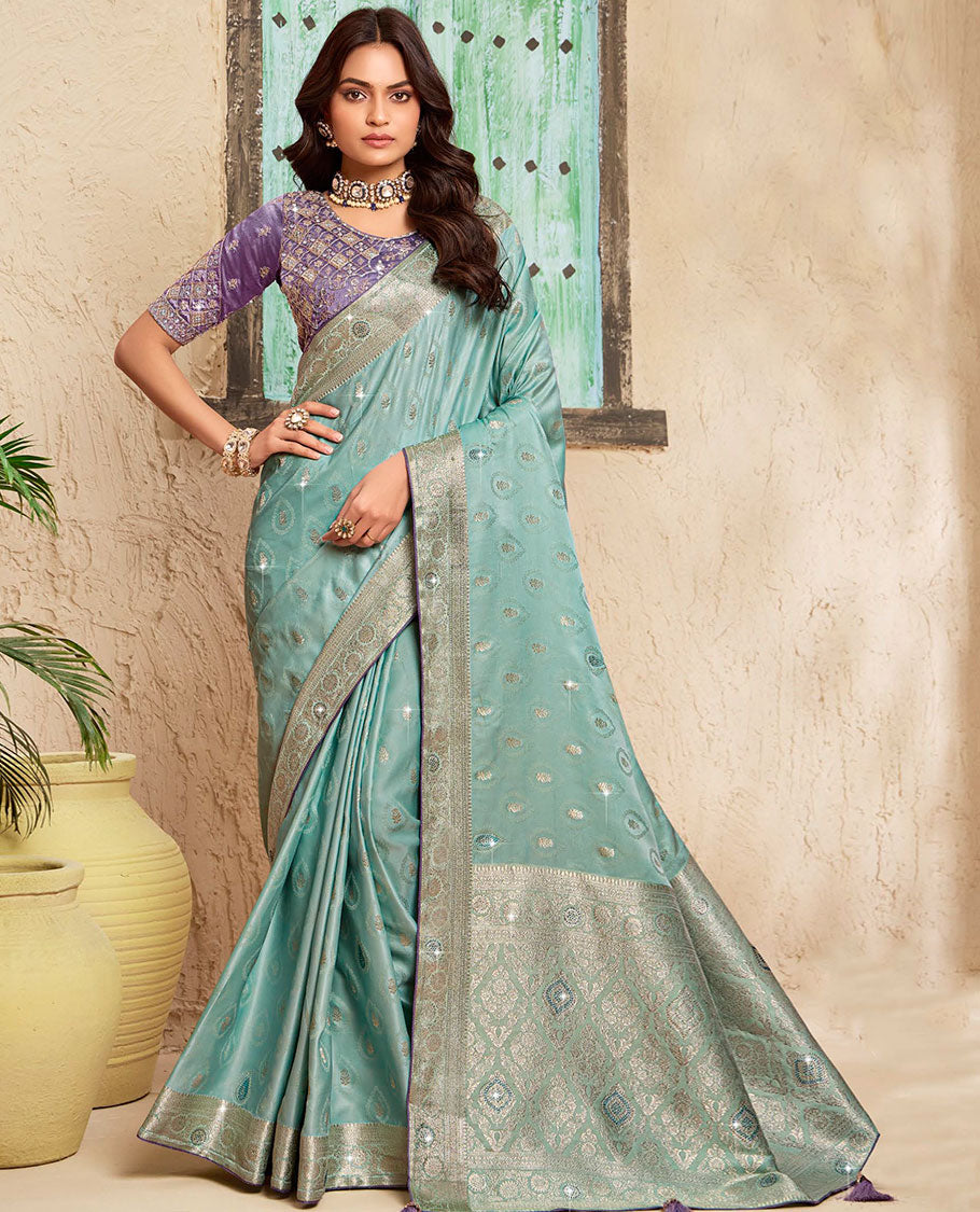 Green zari buttas dola silk saree, floral creeper zari border, intricately woven stonework pallu & contrast embroidered blouse