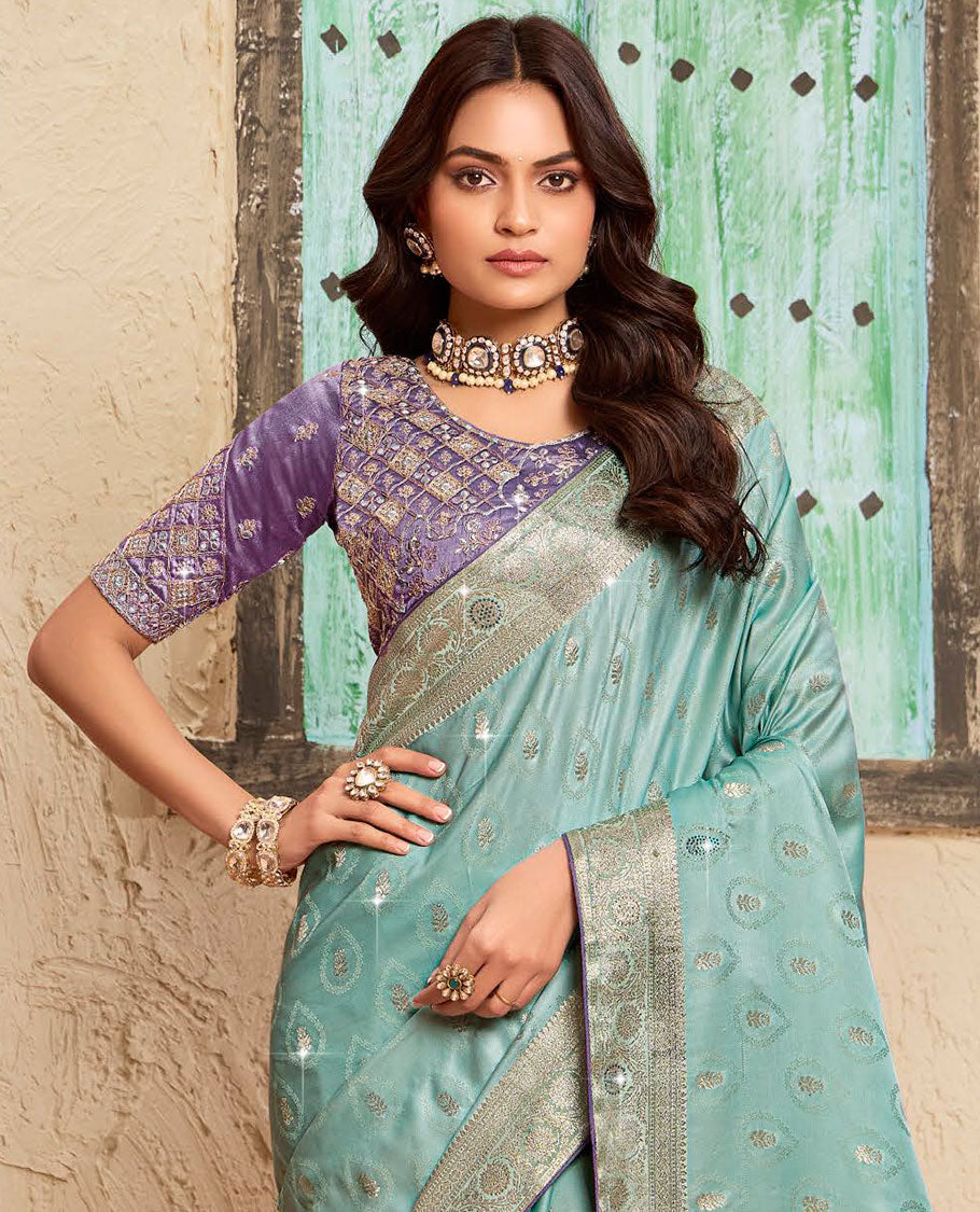 Green zari buttas dola silk saree, floral creeper zari border, intricately woven stonework pallu & contrast embroidered blouse