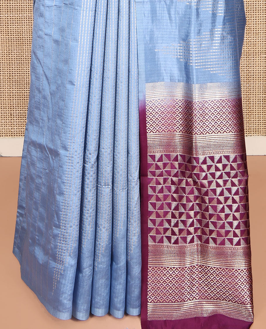Blue Dupion Silk Saree, Woven with Micro-Checks, Highlighted by Temple Border, Complemented by a Contrast Geometric-Patterned Pallu, and a Contrast Blouse