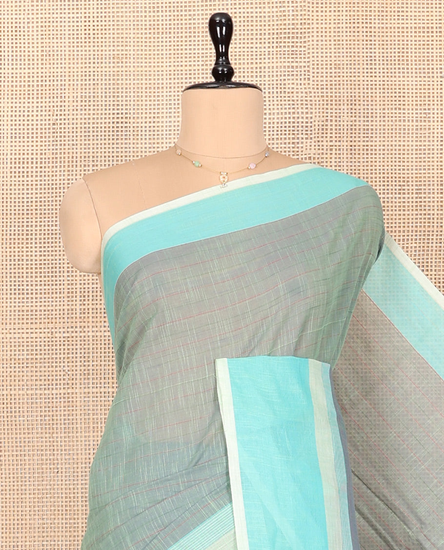 Grey Striped Andhra Cotton Saree, Complemented by a Contrast Border, Striped Pallu, and a Matching Blouse
