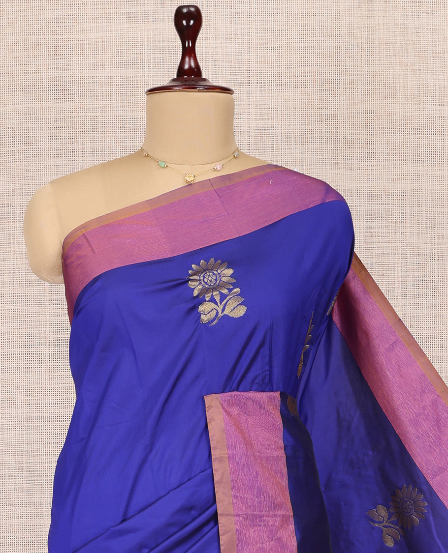 Blue Arani Saree, Adorned with Floral Zari Buttas, a Contrast Border, Contrast Floral Buttas Pallu, and a Contrast Blouse