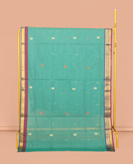 Green Venkatagiri Cotton Saree Sparsely Threaded with Paisley Buttas and Stripes, a Contrast Traditional Zari Border, Pallu of Buttas and Stripes, and No Blouse