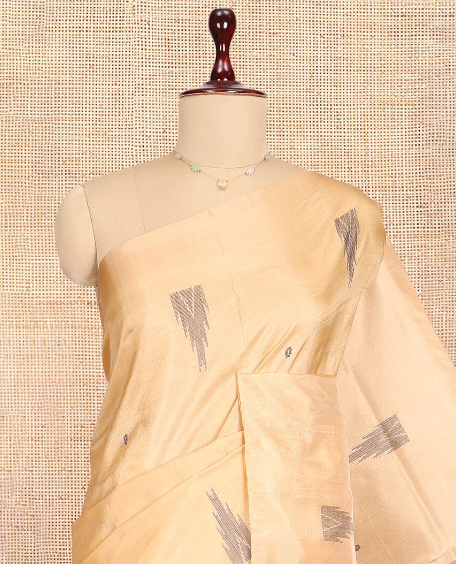 Borderless Sandal Temple Buttas Banana Pith Saree, a Contrast Pallu of Temple Buttas and Stripes, and a Contrast Blouse