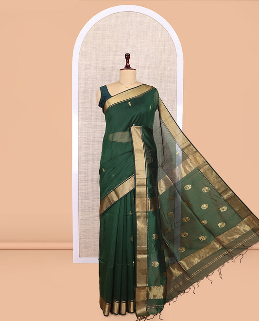 Green Maheshwari Cotton Saree, Elevated with Buttas, Highlighted by a Traditional Zari Border, Pallu of Paisleys, and a Matching Blouse