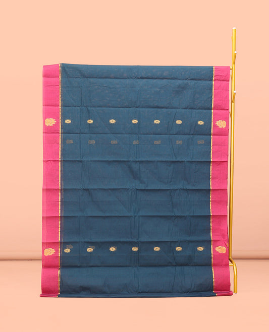 Blue Kanchi Cotton Saree, Adorned with Buttas All Over Its Body, Complemented by Contrast Border, Intricately Thread-Designed Pallu, and Paired with a Matching Blouse
