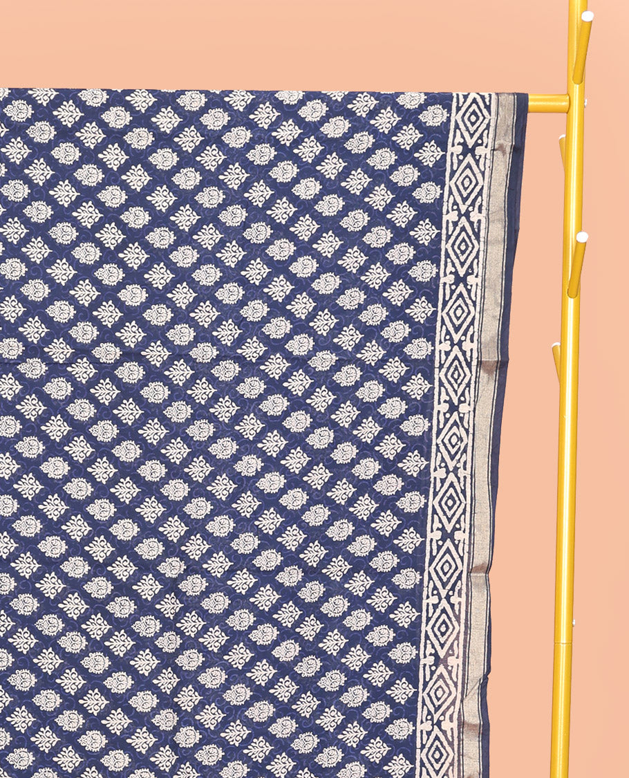 Blue Mul Mul Cotton Saree, Ornamented with Block Print, a Piping Border, Geometric-Printed Pallu, and a Matching Blouse