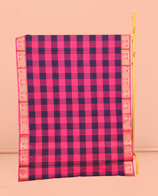 Blue-Pink Chettinad Cotton Saree, Woven with Checks, Highlighted by Tree Motifs Zari Border, Pallu of Stripes, and No Blouse